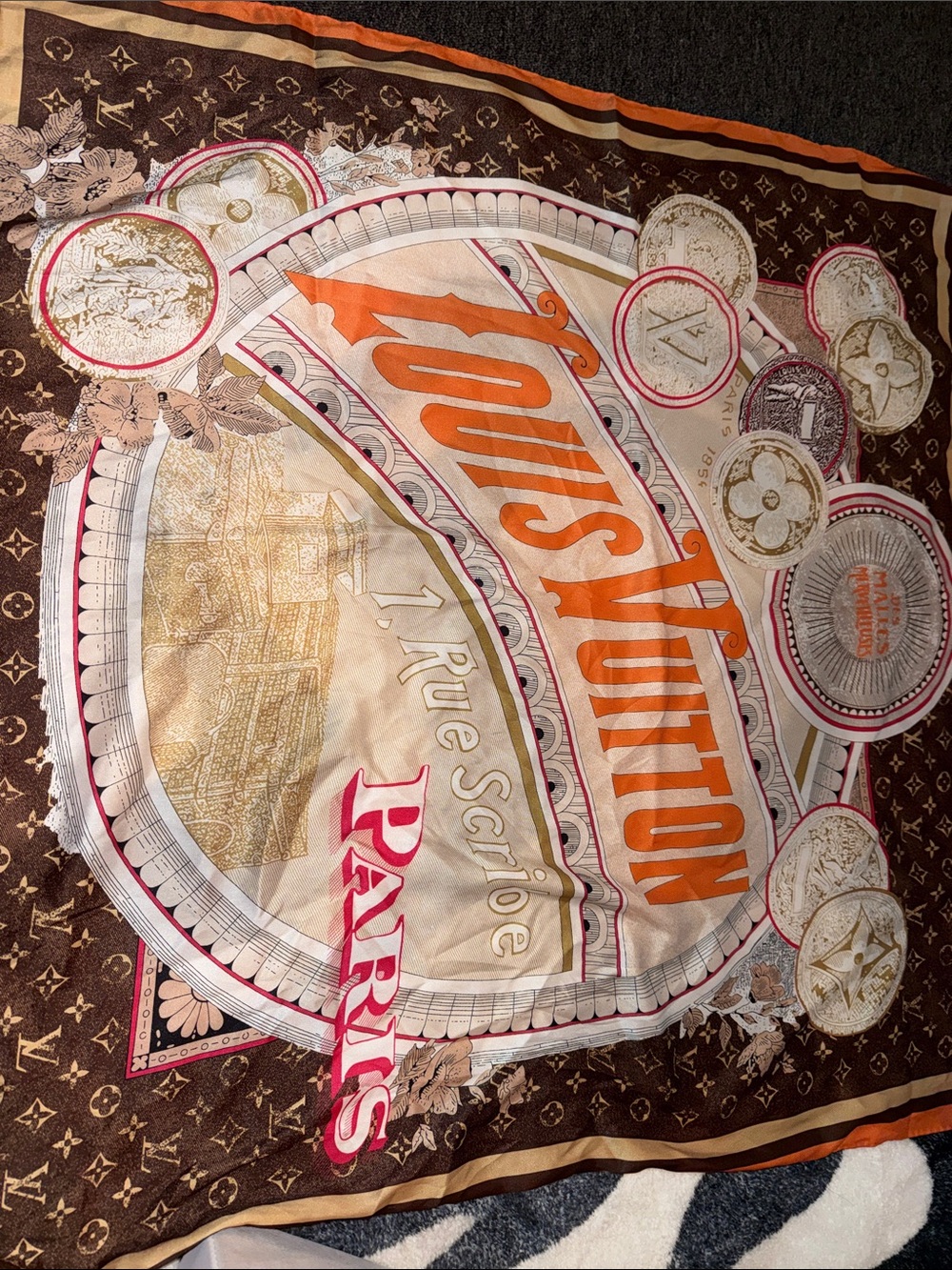Brown, Orange & Pink Monogram Silk Scarf
